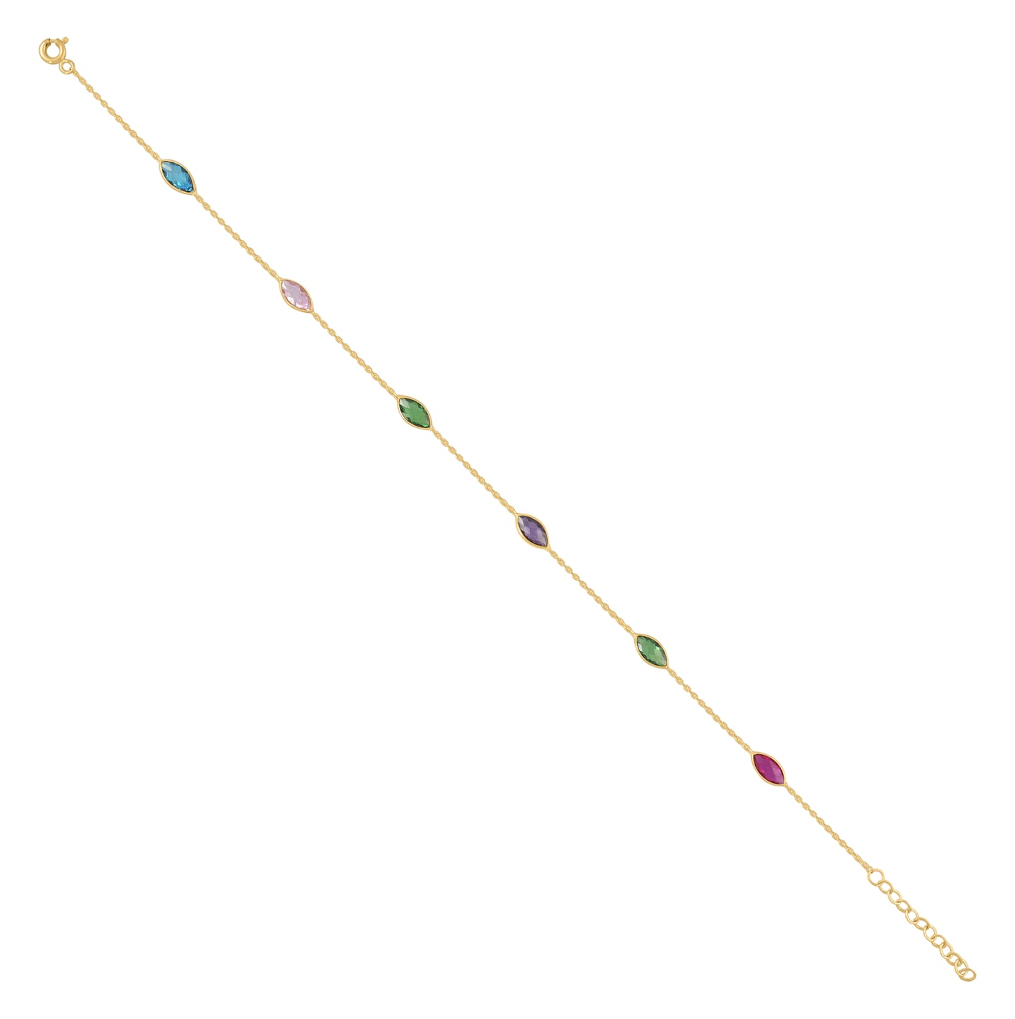 10K Yellow Gold Womens Multi-Color Marquise Cubic-Zirconia Chain Anklet Size 10 Inches