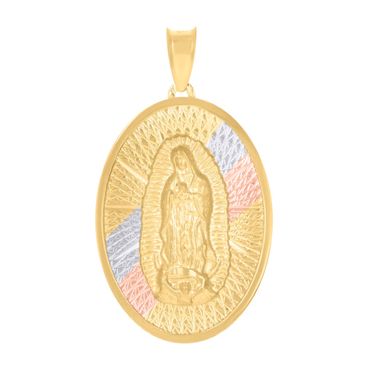 10K Tri-Color Gold Mens Guadalupe Religious Oval Medallion Charm Pendant