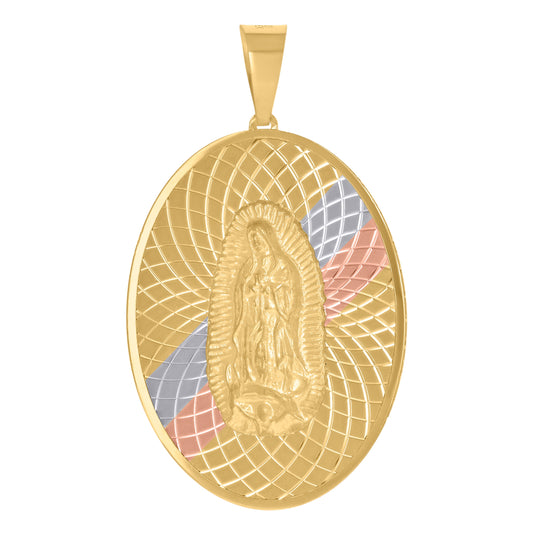 10K Tri-Color Gold Mens Guadalupe Religious Oval Medallion Charm Pendant