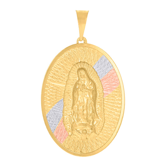 10K Tri-Color Gold Mens Guadalupe Religious Oval Medallion Charm Pendant
