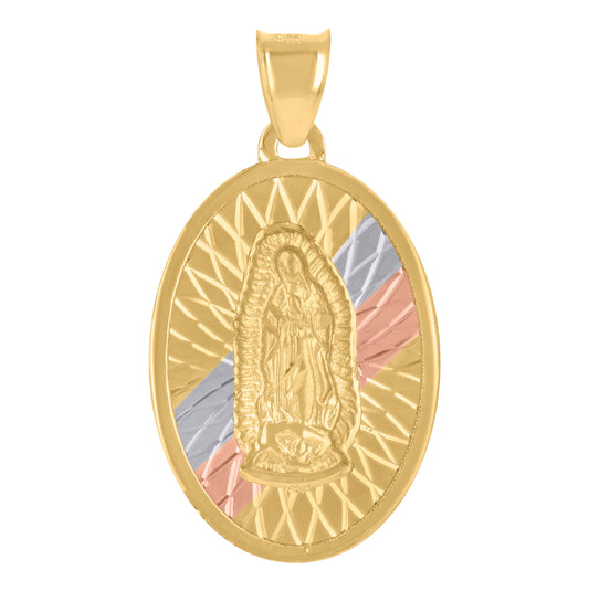10K Tri-Color Gold Mens Guadalupe Religious Oval Medallion Charm Pendant