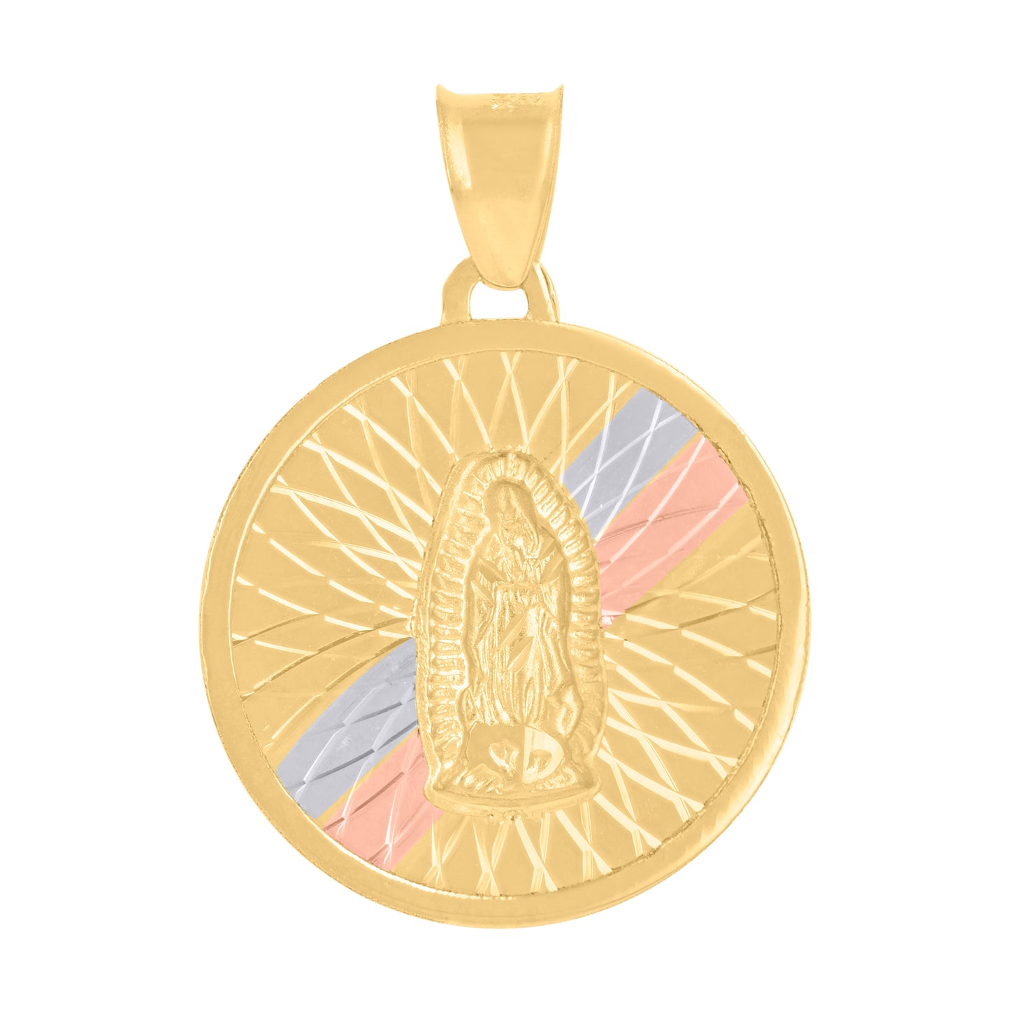 10K Tri-Color Gold Mens Guadalupe Religious Round Medallion Charm Pendant