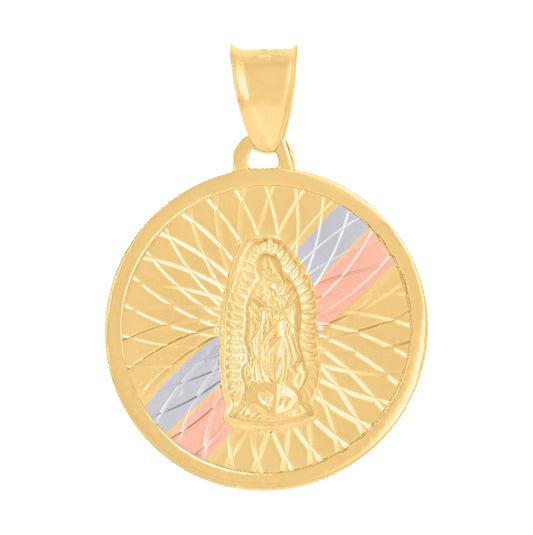 10K Tri-Color Gold Mens Guadalupe Religious Round Medallion Charm Pendant