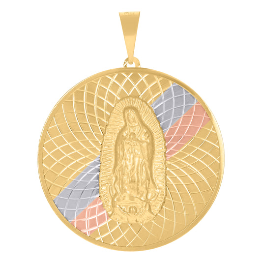 10K Tri-Color Gold Mens Guadalupe Religious Round Medallion Charm Pendant