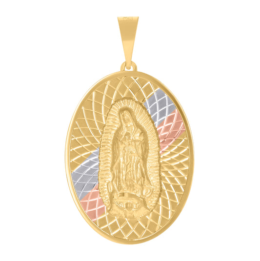 10K Tri-Color Gold Mens Guadalupe Religious Oval Medallion Charm Pendant