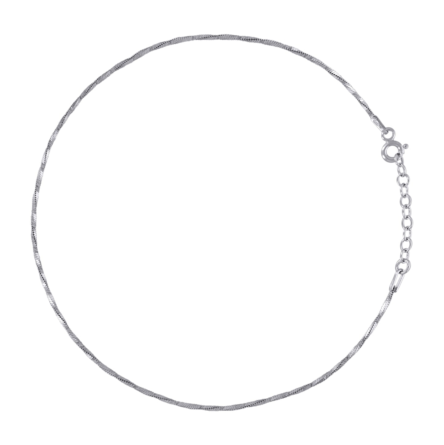 Sterling Silver Rhodium Plated Womens Twisted Snake Chain Anklet 1.1 mm Size 10 Inches