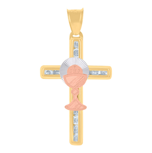 14K Tri-Color Gold Unisex Cubic-Zirconia First Communion Cross Ceremony Religious Charm Pendant