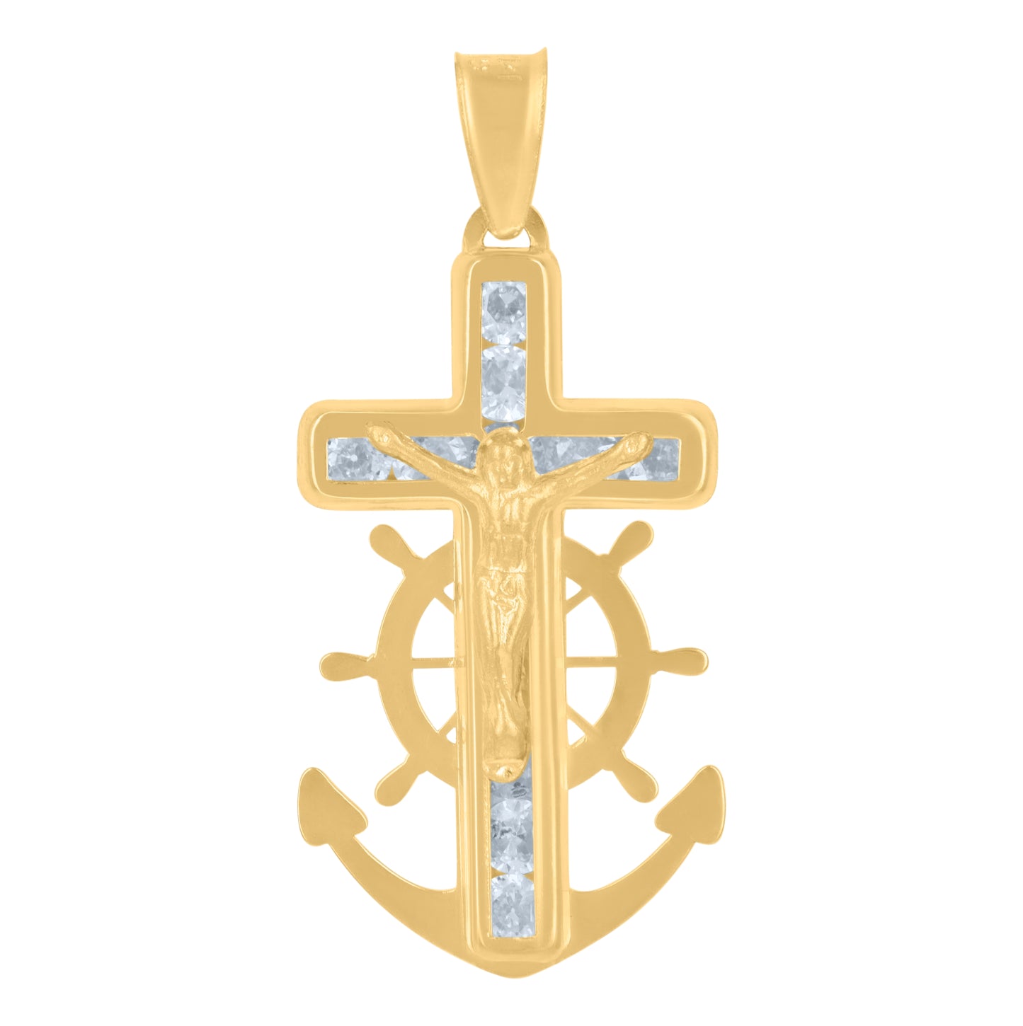 14K Yellow Gold Mens Cubic-Zirconia Anchor Crucifix Religious Charm Pendant