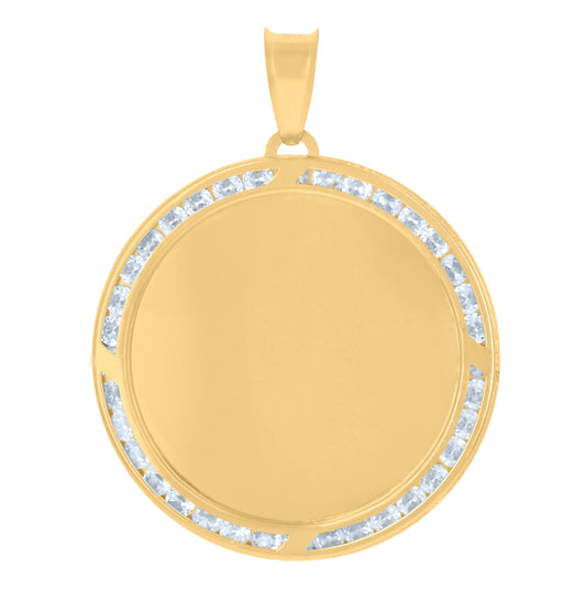 14K Yellow Gold Mens Cubic-Zirconia Round Photo Frame Medallion Charm Pendant