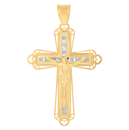 14K Yellow Gold Mens Cubic-Zirconia Crucifix Cross Religious Charm Pendant