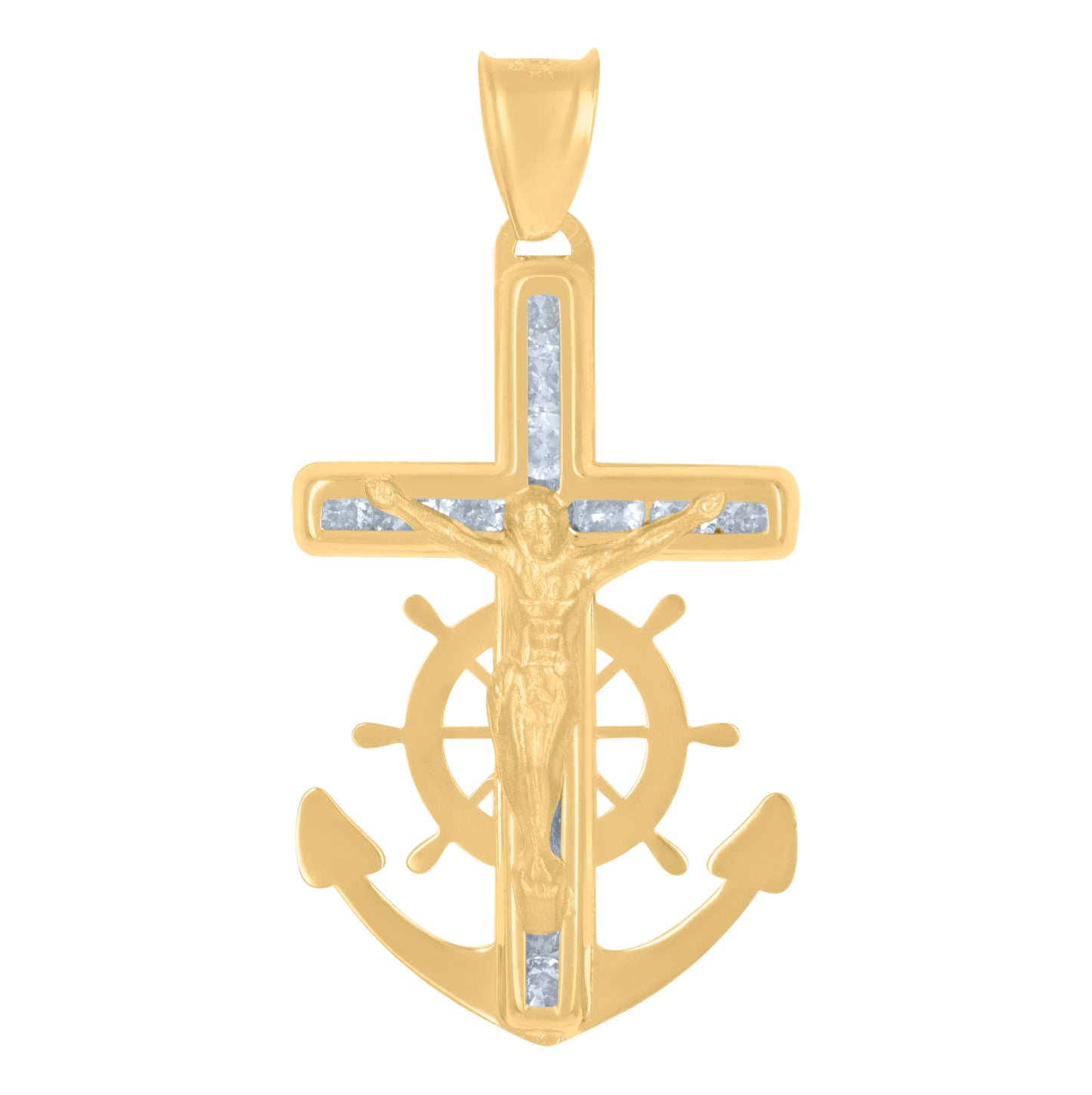 14K Yellow Gold Mens Cubic-Zirconia Anchor Crucifix Religious Charm Pendant