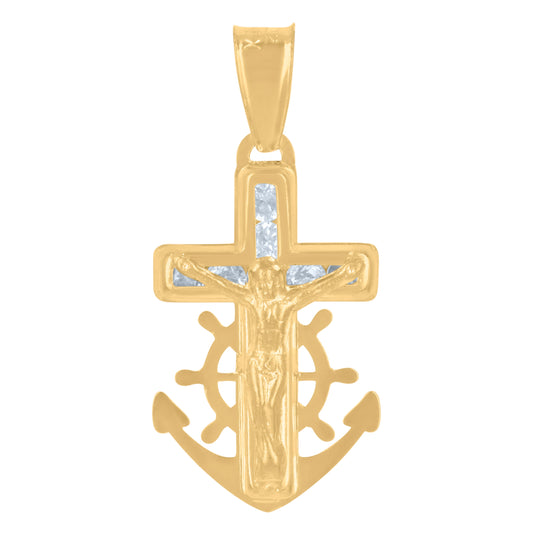 14K Yellow Gold Mens Cubic-Zirconia Anchor Crucifix Religious Charm Pendant