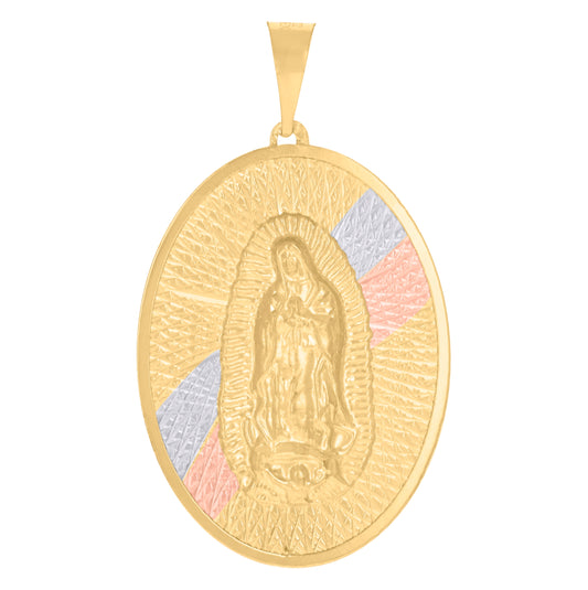 14K Tri-Color Gold Unisex Medallion Oval Guadalupe/Mother Marry Religious Charm Pendant