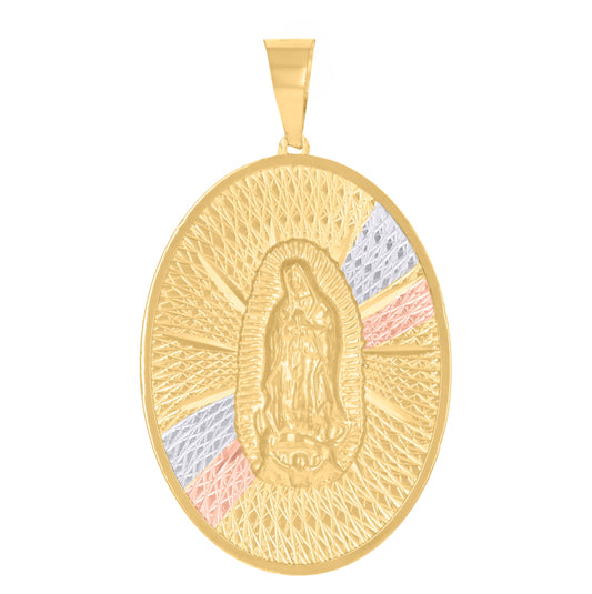14K Tri-Color Gold Unisex Medallion Oval Guadalupe/Mother Marry Religious Charm Pendant