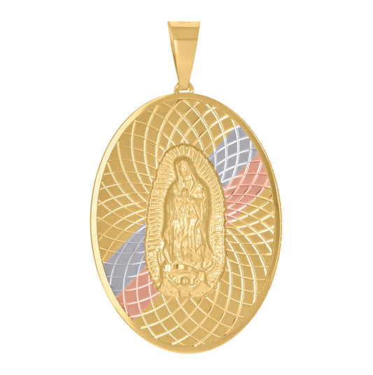 14K Tri-Color Gold Unisex Medallion Oval Guadalupe/Mother Marry Religious Charm Pendant