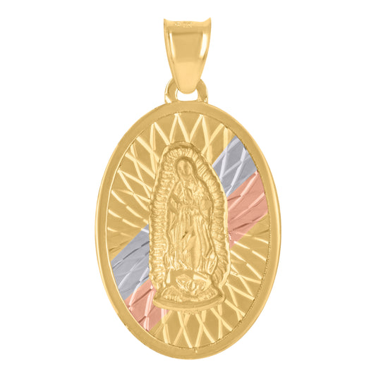 14K Tri-Color Gold Unisex Medallion Oval Guadalupe/Mother Marry Religious Charm Pendant