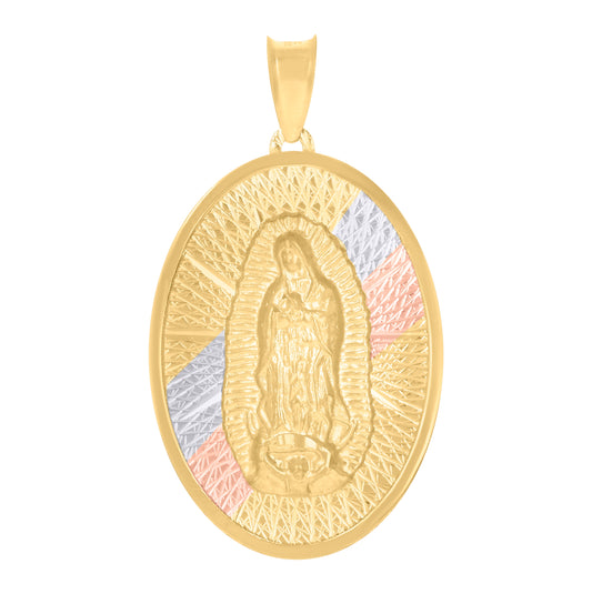 14K Tri-Color Gold Unisex Medallion Oval Guadalupe/Mother Marry Religious Charm Pendant