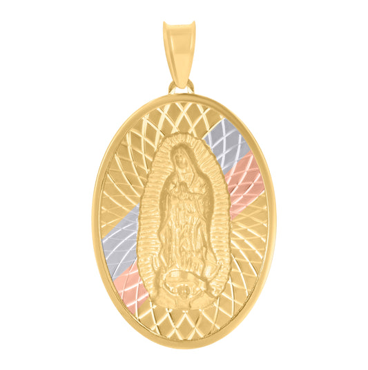 14K Tri-Color Gold Unisex Medallion Oval Guadalupe/Mother Marry Religious Charm Pendant