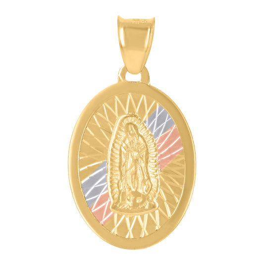 14K Tri-Color Gold Unisex Medallion Oval Guadalupe/Mother Marry Religious Charm Pendant