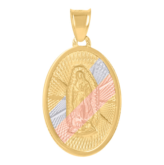 14K Tri-Color Gold Unisex Medallion Oval Guadalupe/Mother Marry Religious Charm Pendant