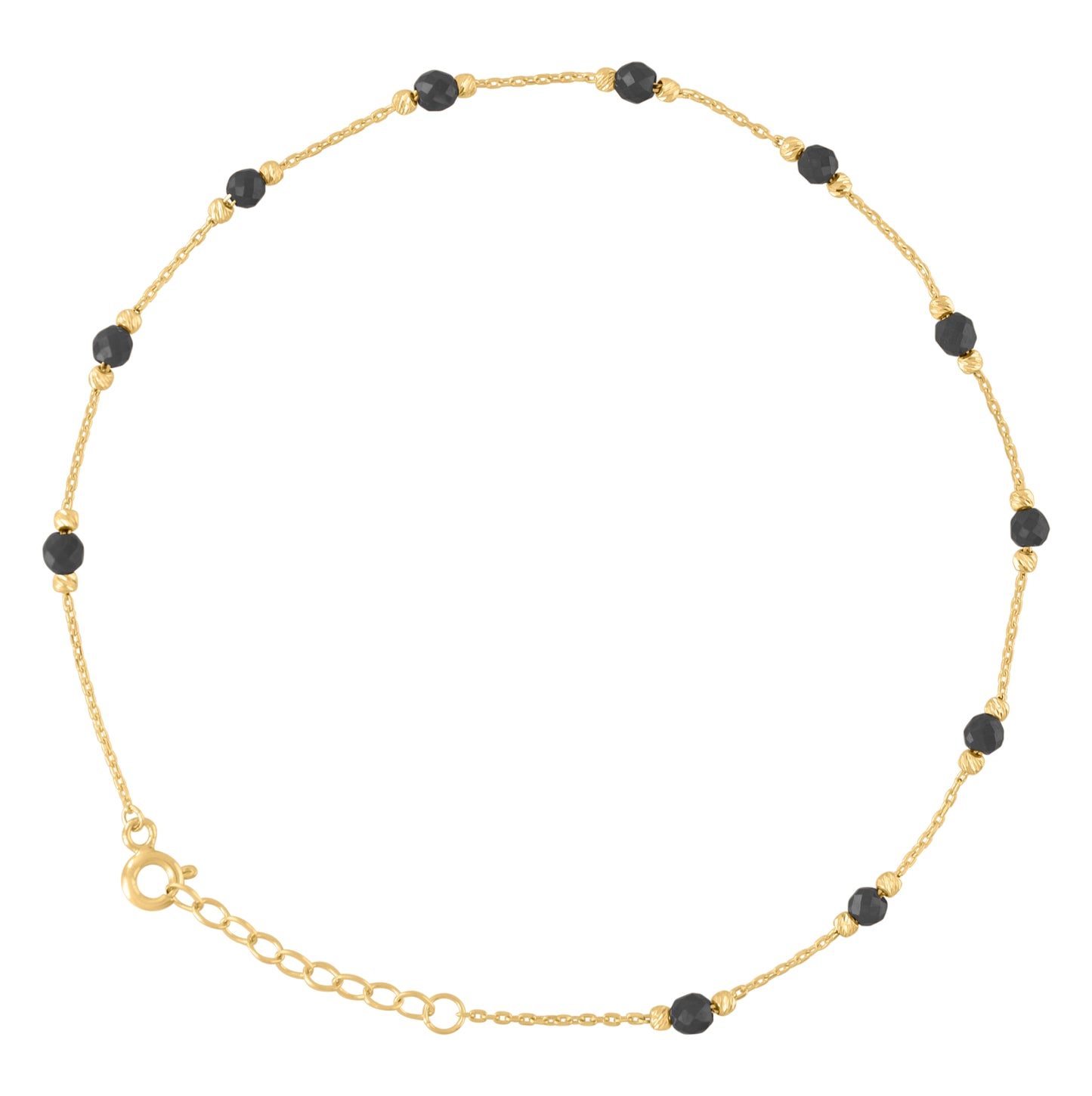 14K Yellow Gold Womens Black Beaded Fashion Link Anklet Size 10 Inches