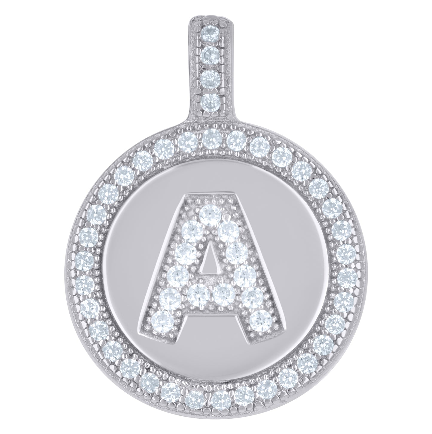 Sterling Silver Unisex Cubic-Zirconia Initial Alphabet Disc Pendant Charm