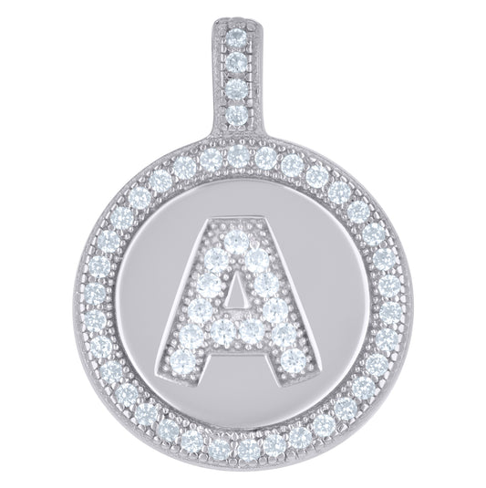 Sterling Silver Unisex Cubic-Zirconia Initial Alphabet Disc Pendant Charm