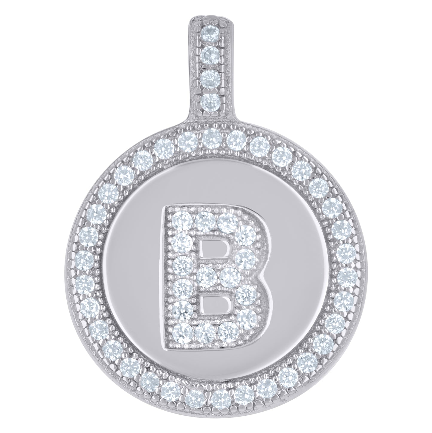 Sterling Silver Unisex Cubic-Zirconia Initial Alphabet Disc Pendant Charm