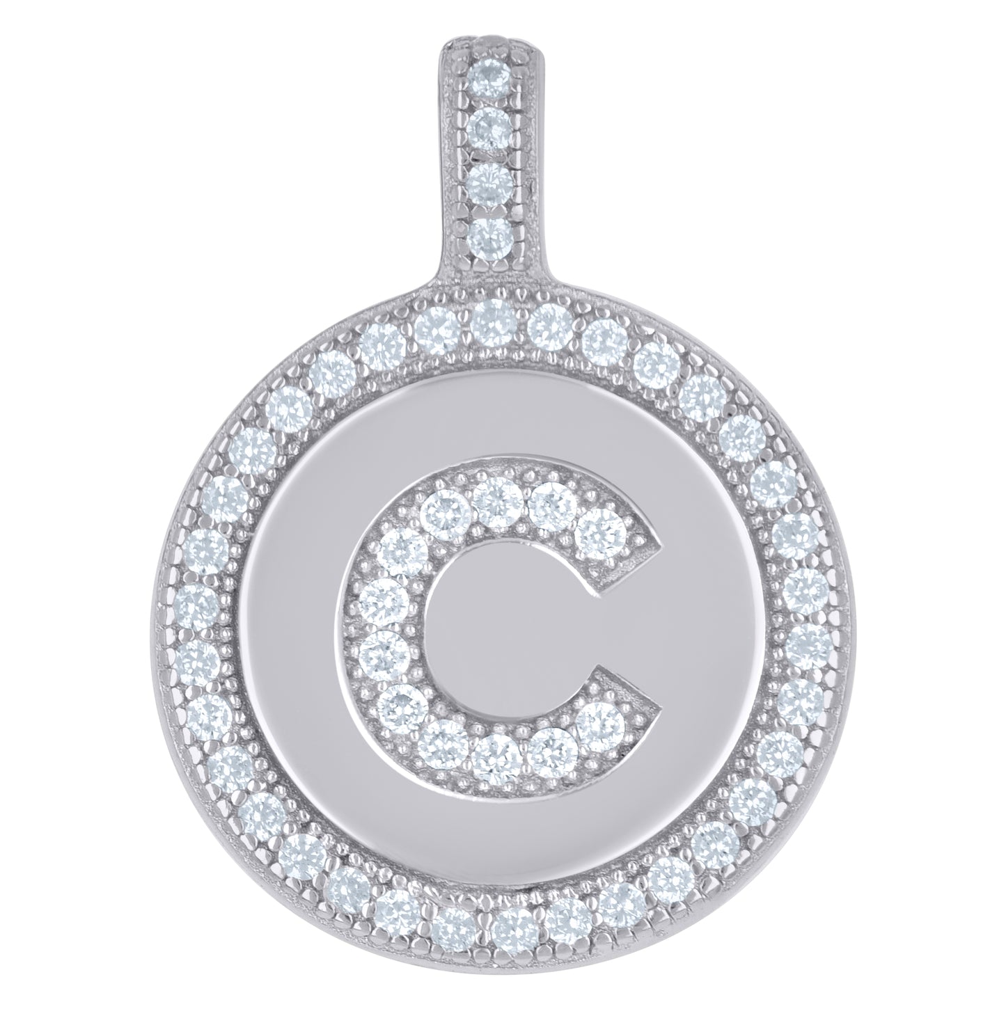 Sterling Silver Unisex Cubic-Zirconia Initial Alphabet Disc Pendant Charm