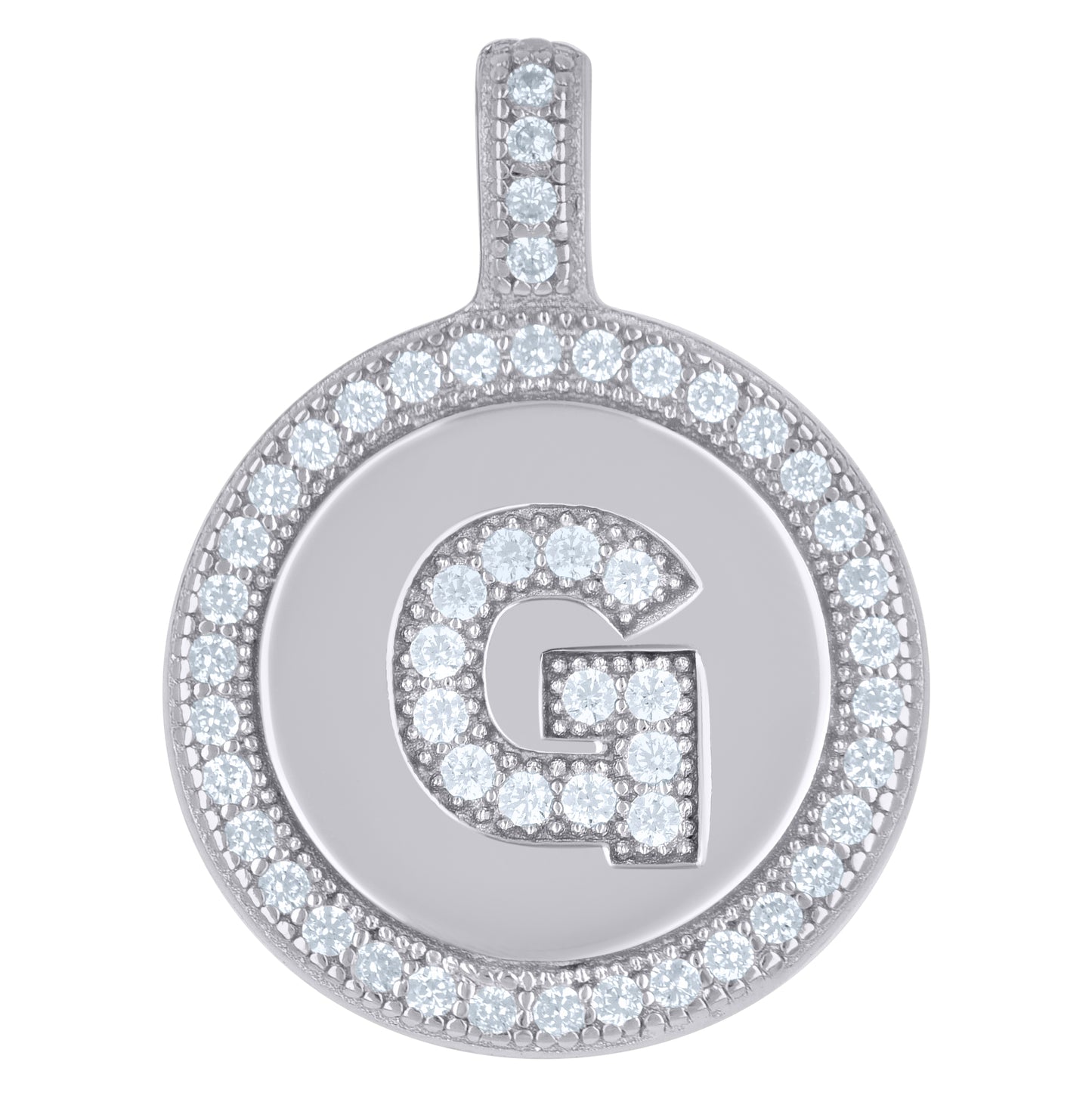 Sterling Silver Unisex Cubic-Zirconia Initial Alphabet Disc Pendant Charm
