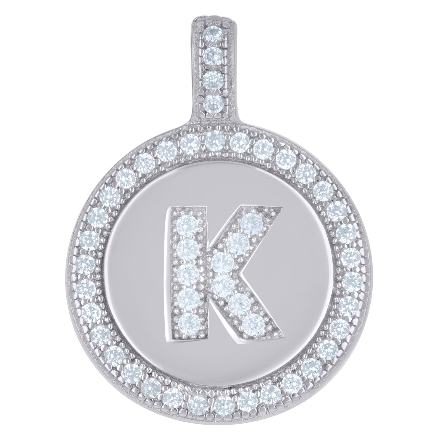 Sterling Silver Unisex Cubic-Zirconia Initial Alphabet Disc Pendant Charm