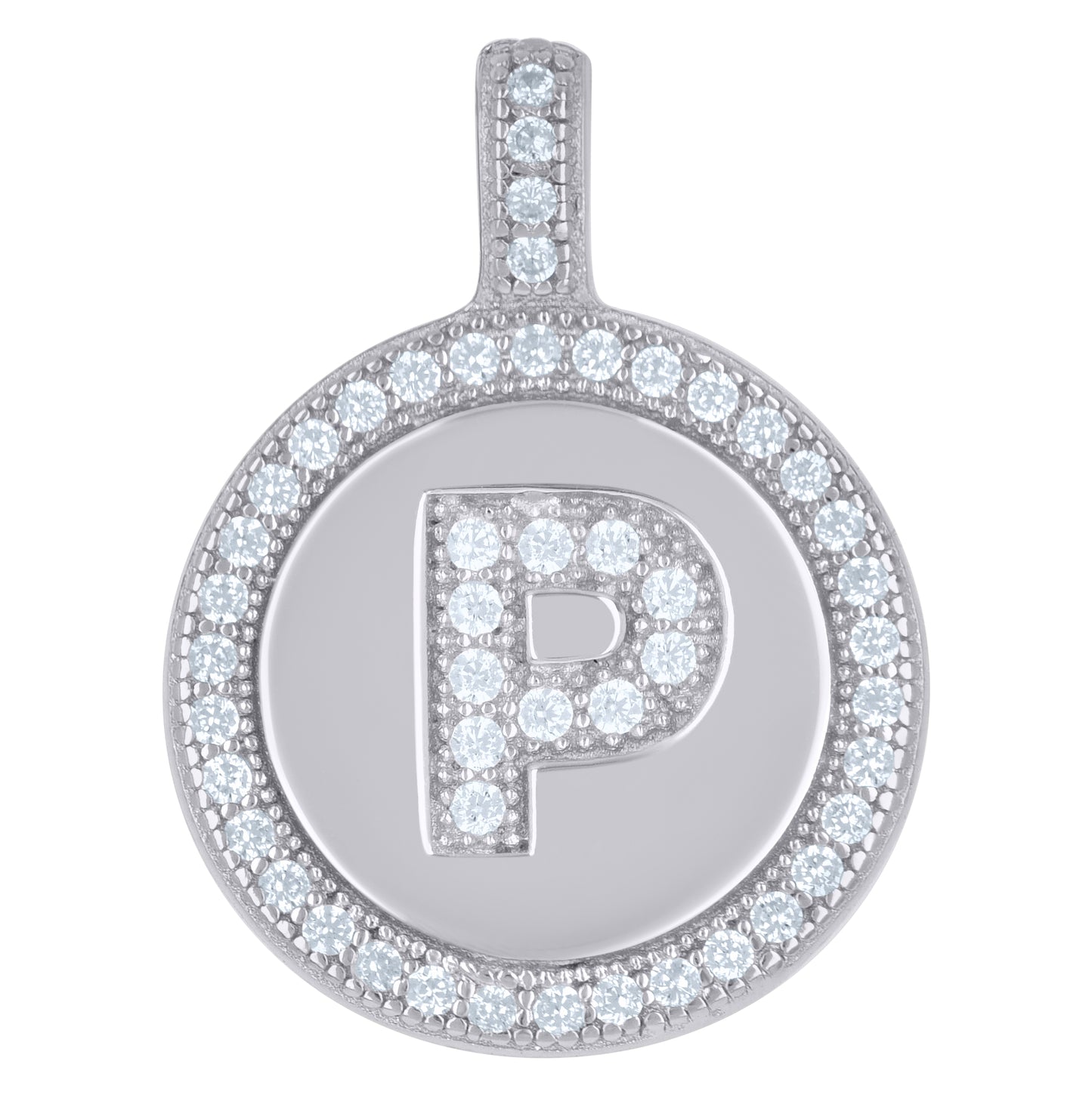 Sterling Silver Unisex Cubic-Zirconia Initial Alphabet Disc Pendant Charm