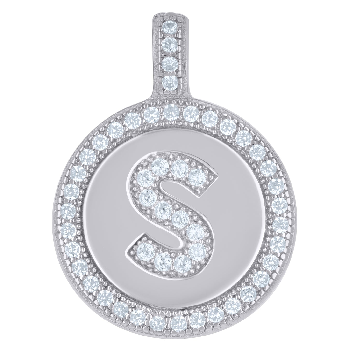 Sterling Silver Unisex Cubic-Zirconia Initial Alphabet Disc Pendant Charm