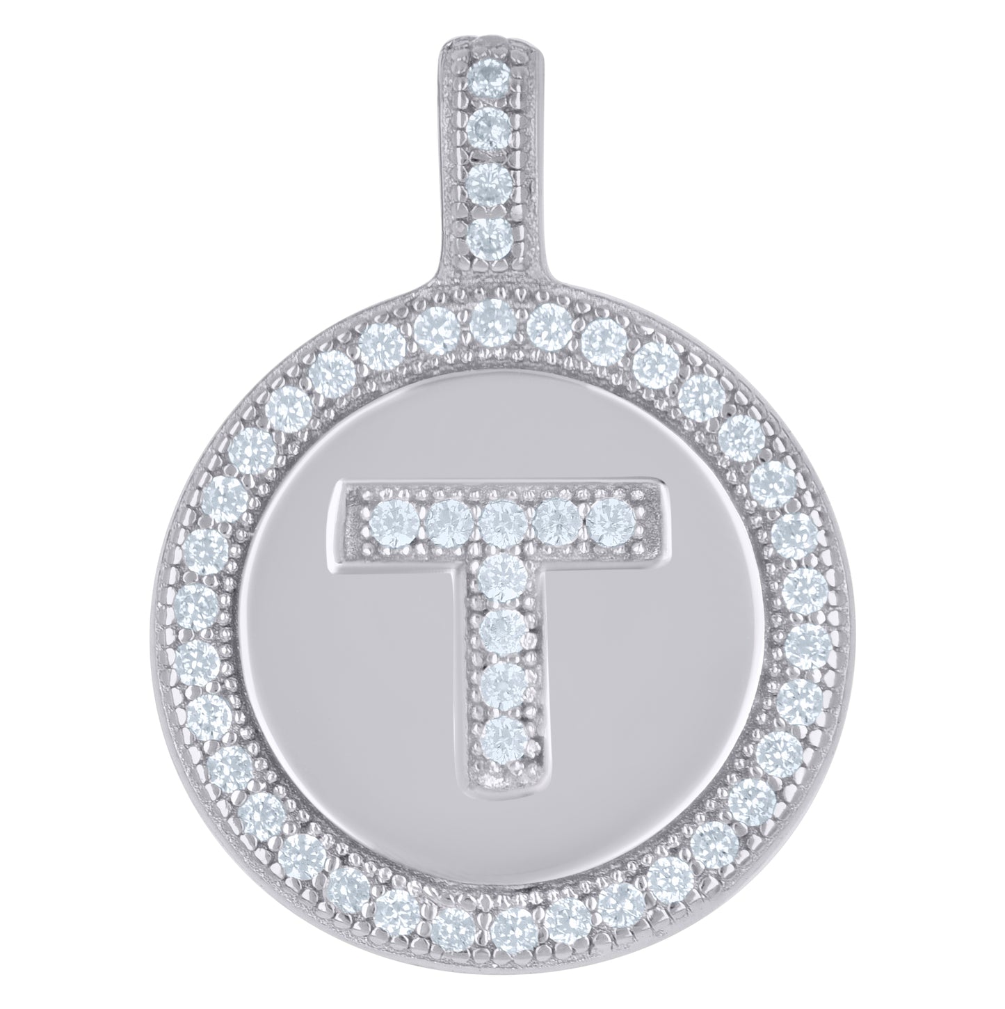 Sterling Silver Unisex Cubic-Zirconia Initial Alphabet Disc Pendant Charm