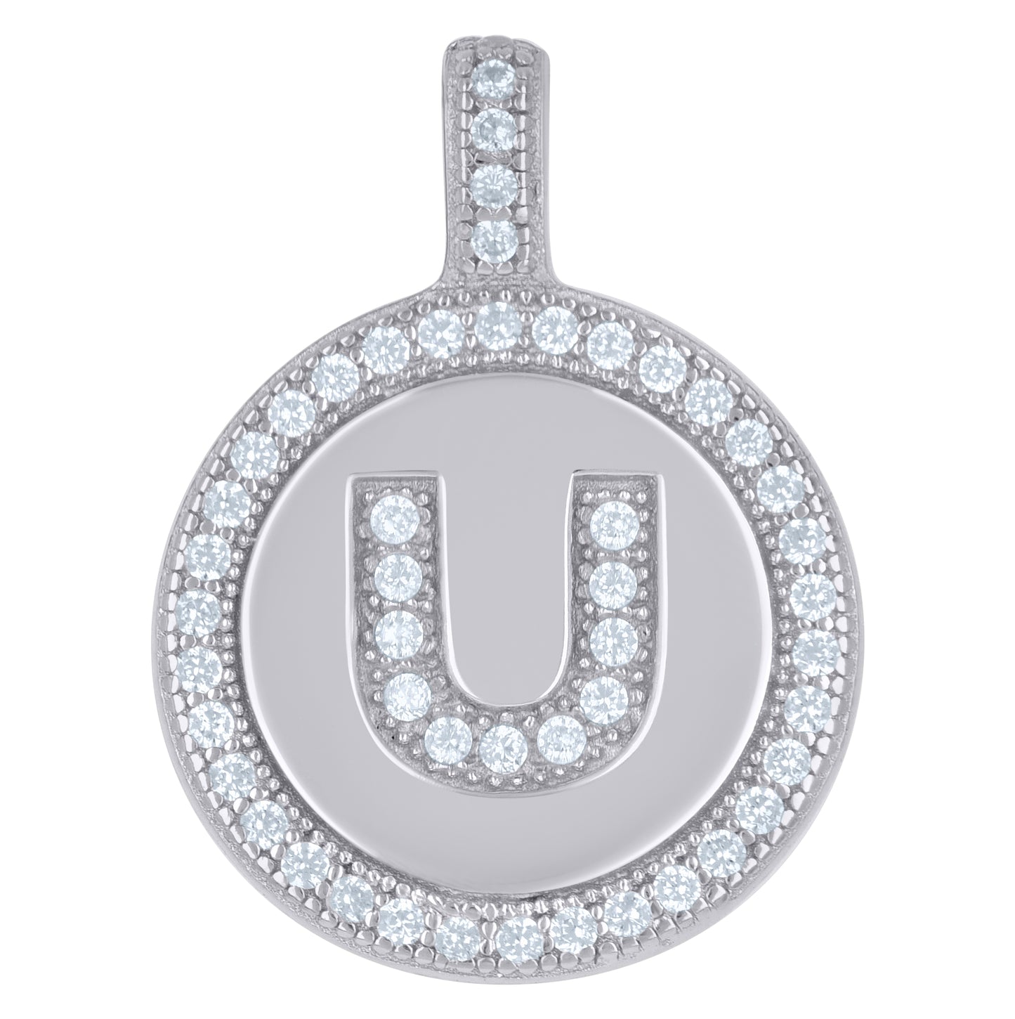Sterling Silver Unisex Cubic-Zirconia Initial Alphabet Disc Pendant Charm