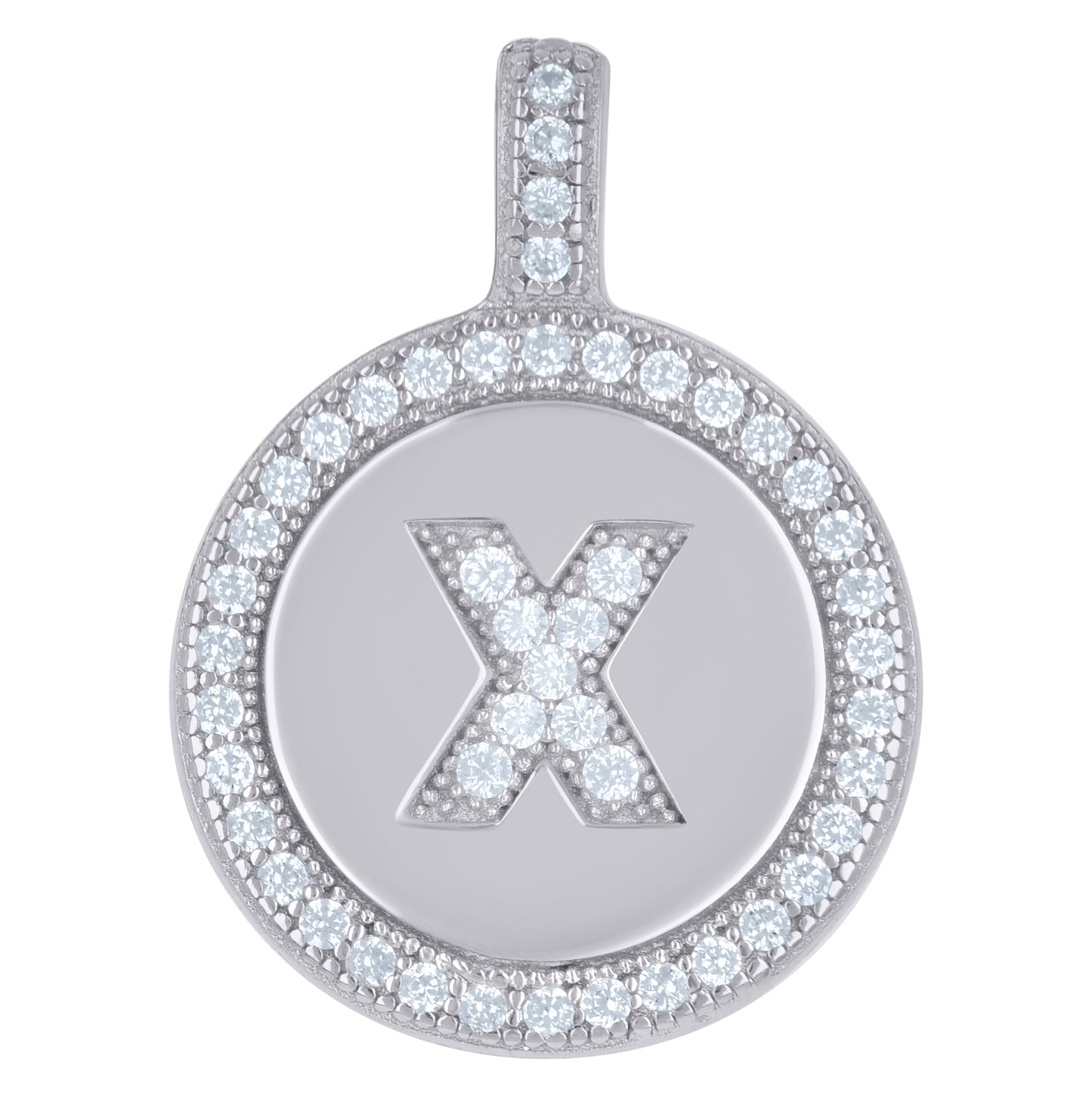 Sterling Silver Unisex Cubic-Zirconia Initial Alphabet Disc Pendant Charm