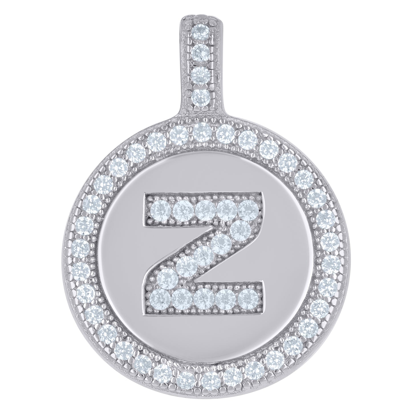 Sterling Silver Unisex Cubic-Zirconia Initial Alphabet Disc Pendant Charm
