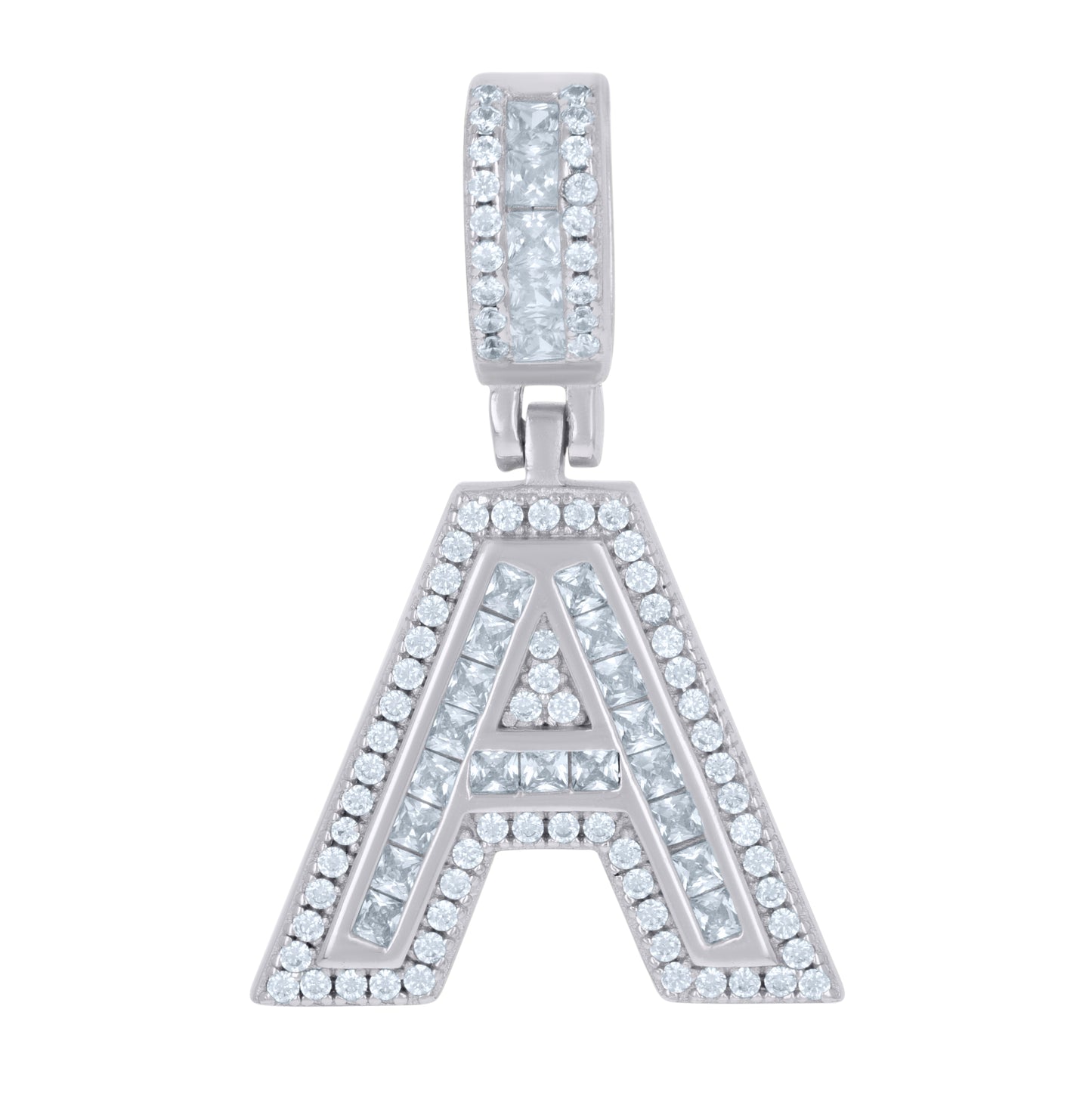 Sterling Silver Or Yellow-tone Unisex Round & Baguette Cubic-Zirconia Initial Alphabet Pendant Charm
