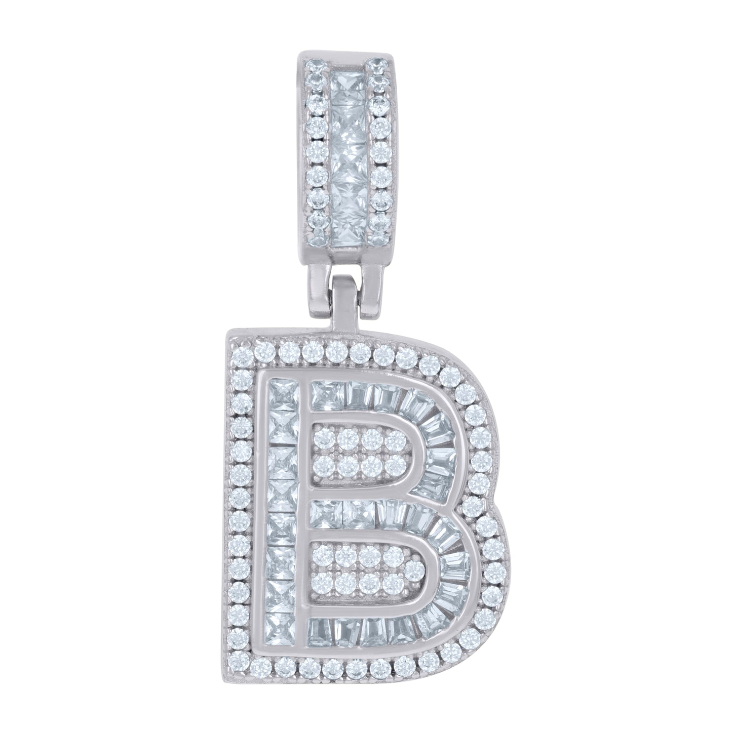 Sterling Silver Or Yellow-tone Unisex Round & Baguette Cubic-Zirconia Initial Alphabet Pendant Charm