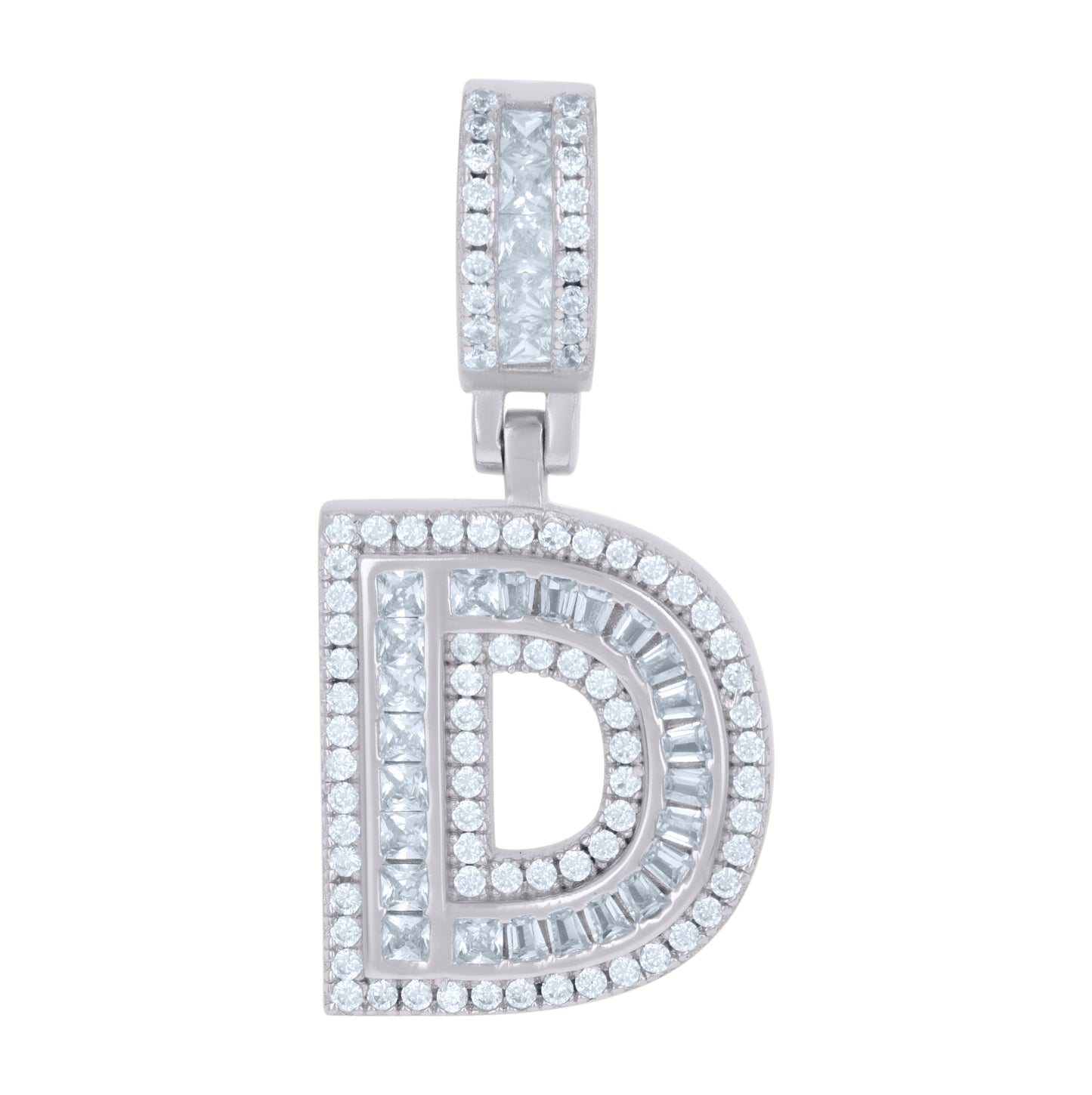 Sterling Silver Or Yellow-tone Unisex Round & Baguette Cubic-Zirconia Initial Alphabet Pendant Charm