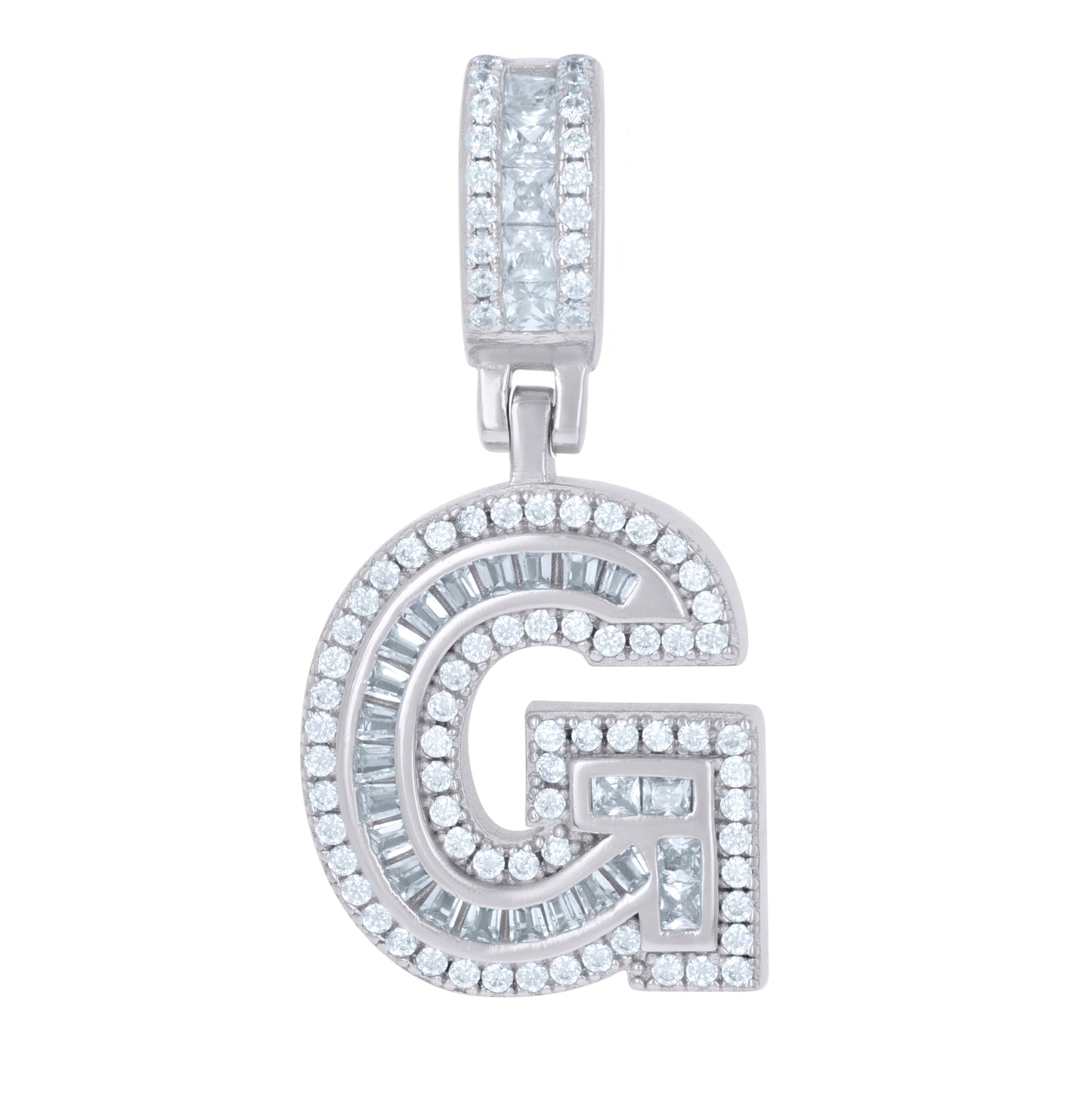 Sterling Silver Or Yellow-tone Unisex Round & Baguette Cubic-Zirconia Initial Alphabet Pendant Charm