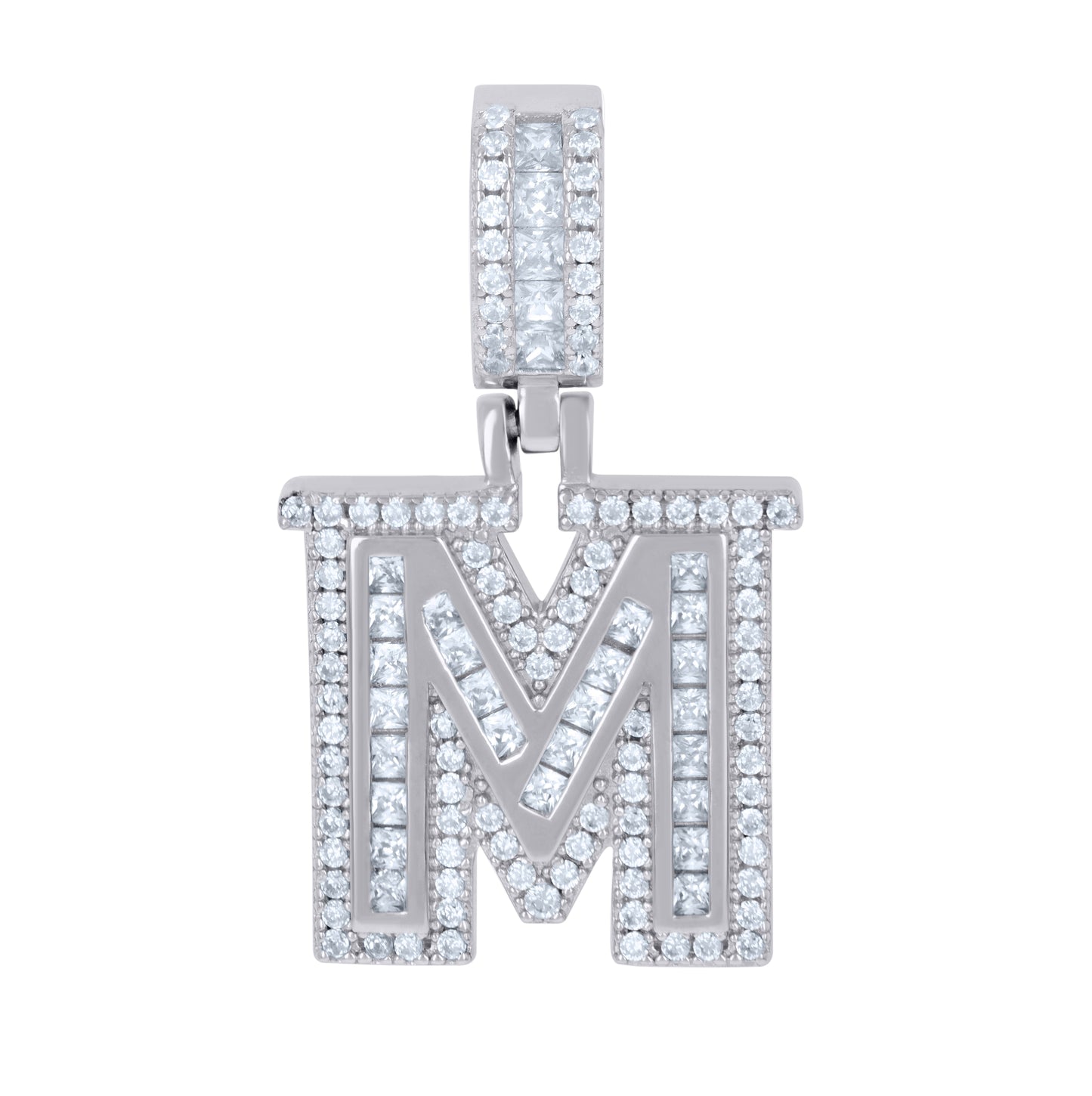 Sterling Silver Or Yellow-tone Unisex Round & Baguette Cubic-Zirconia Initial Alphabet Pendant Charm