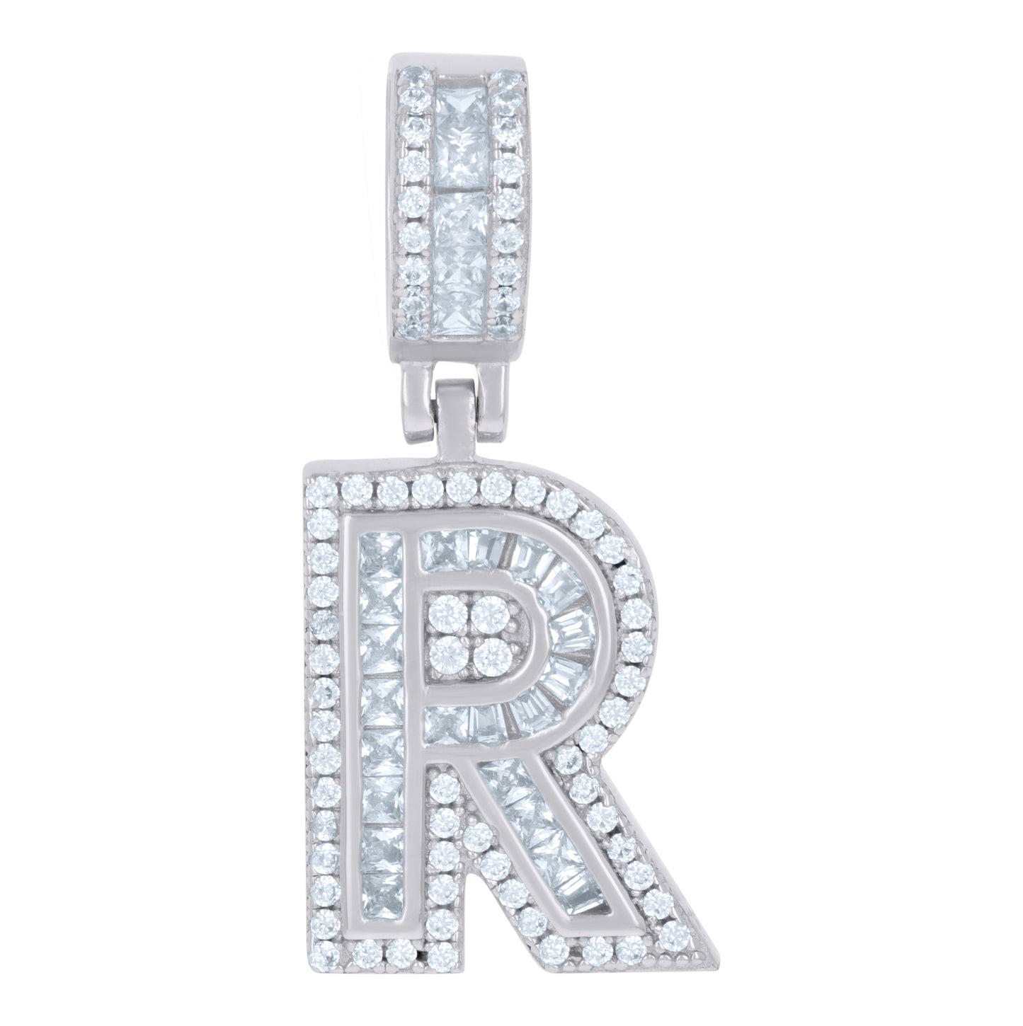 Sterling Silver Or Yellow-tone Unisex Round & Baguette Cubic-Zirconia Initial Alphabet Pendant Charm