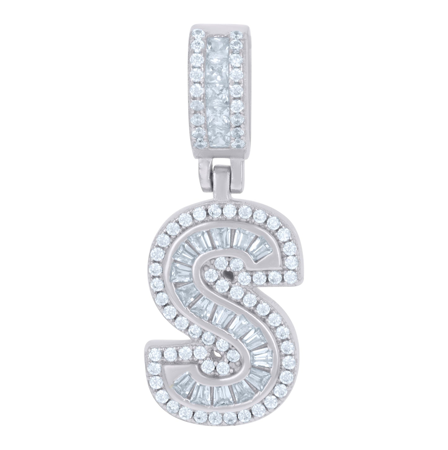 Sterling Silver Or Yellow-tone Unisex Round & Baguette Cubic-Zirconia Initial Alphabet Pendant Charm