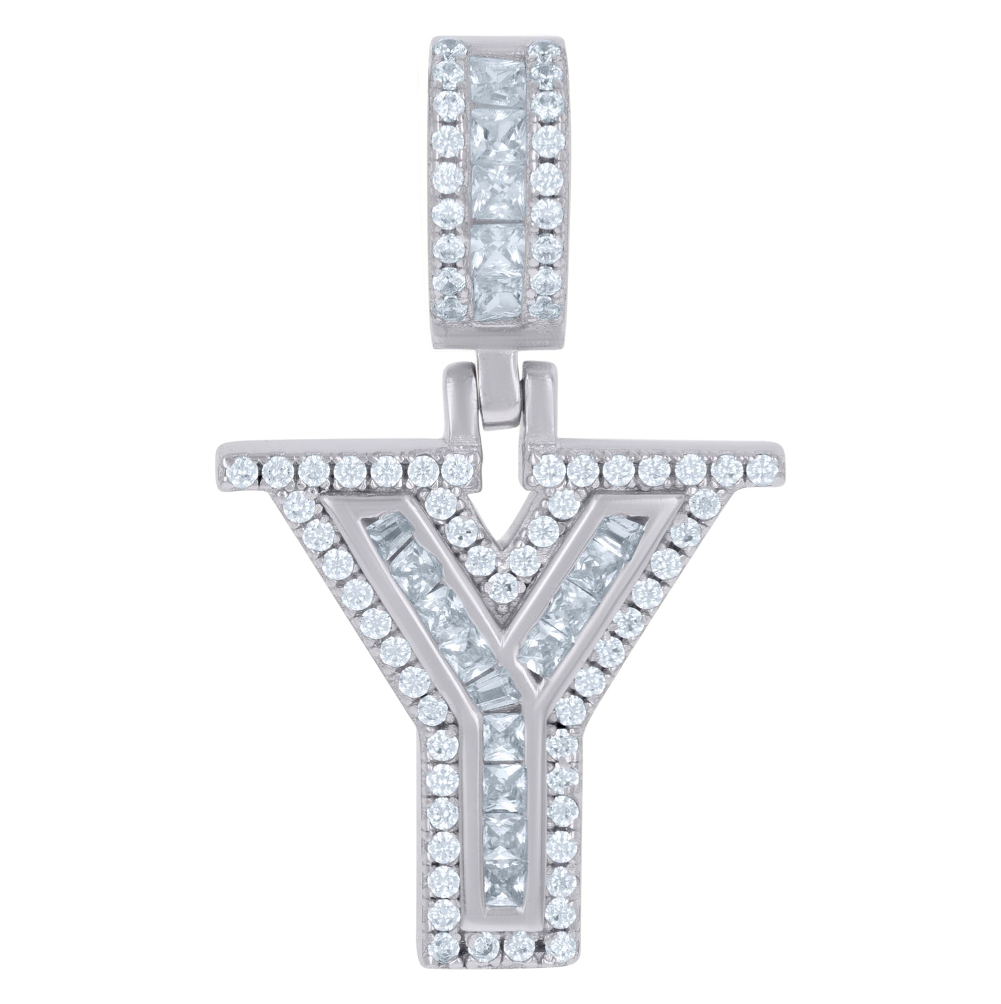 Sterling Silver Or Yellow-tone Unisex Round & Baguette Cubic-Zirconia Initial Alphabet Pendant Charm