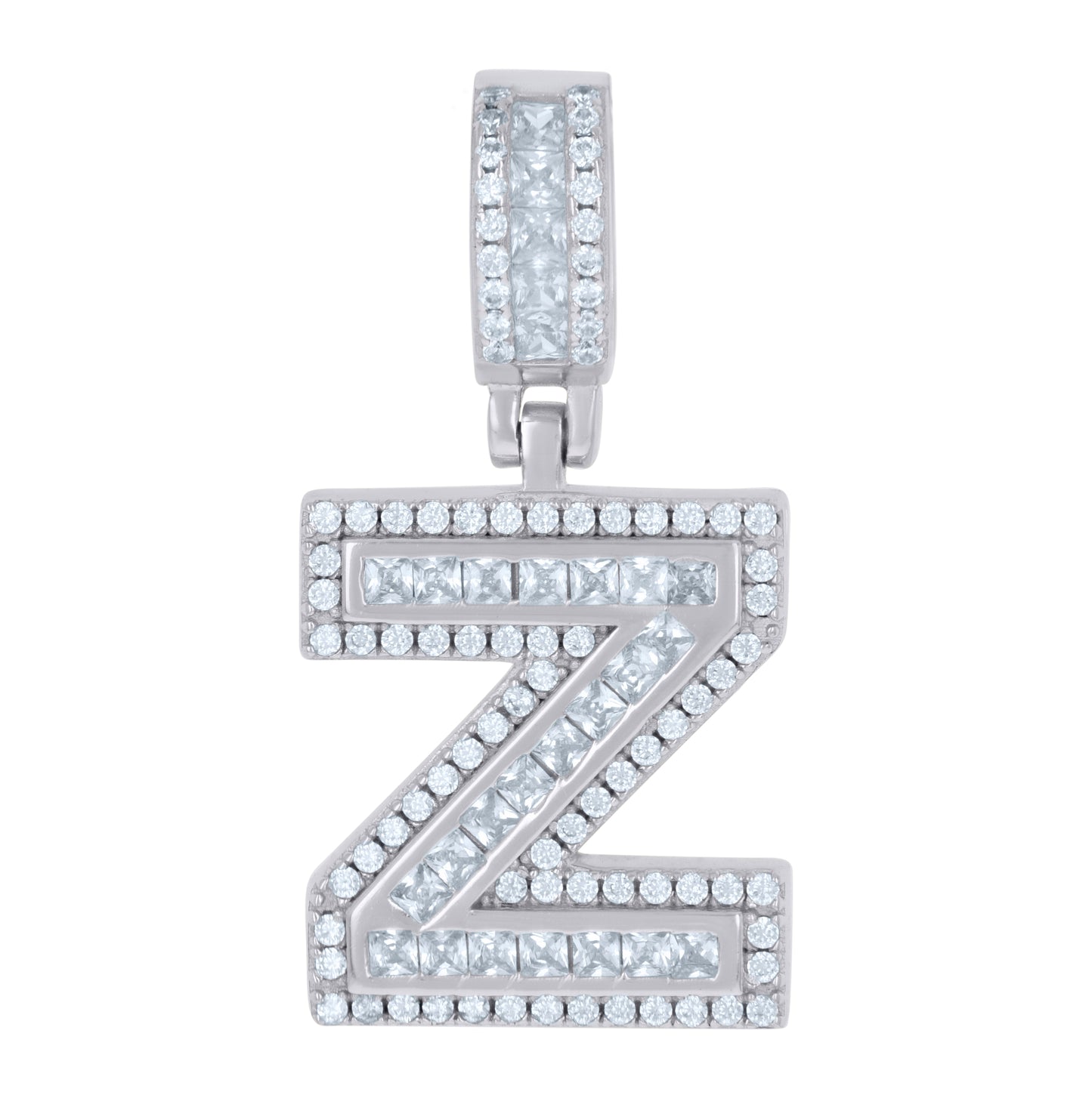 Sterling Silver Or Yellow-tone Unisex Round & Baguette Cubic-Zirconia Initial Alphabet Pendant Charm