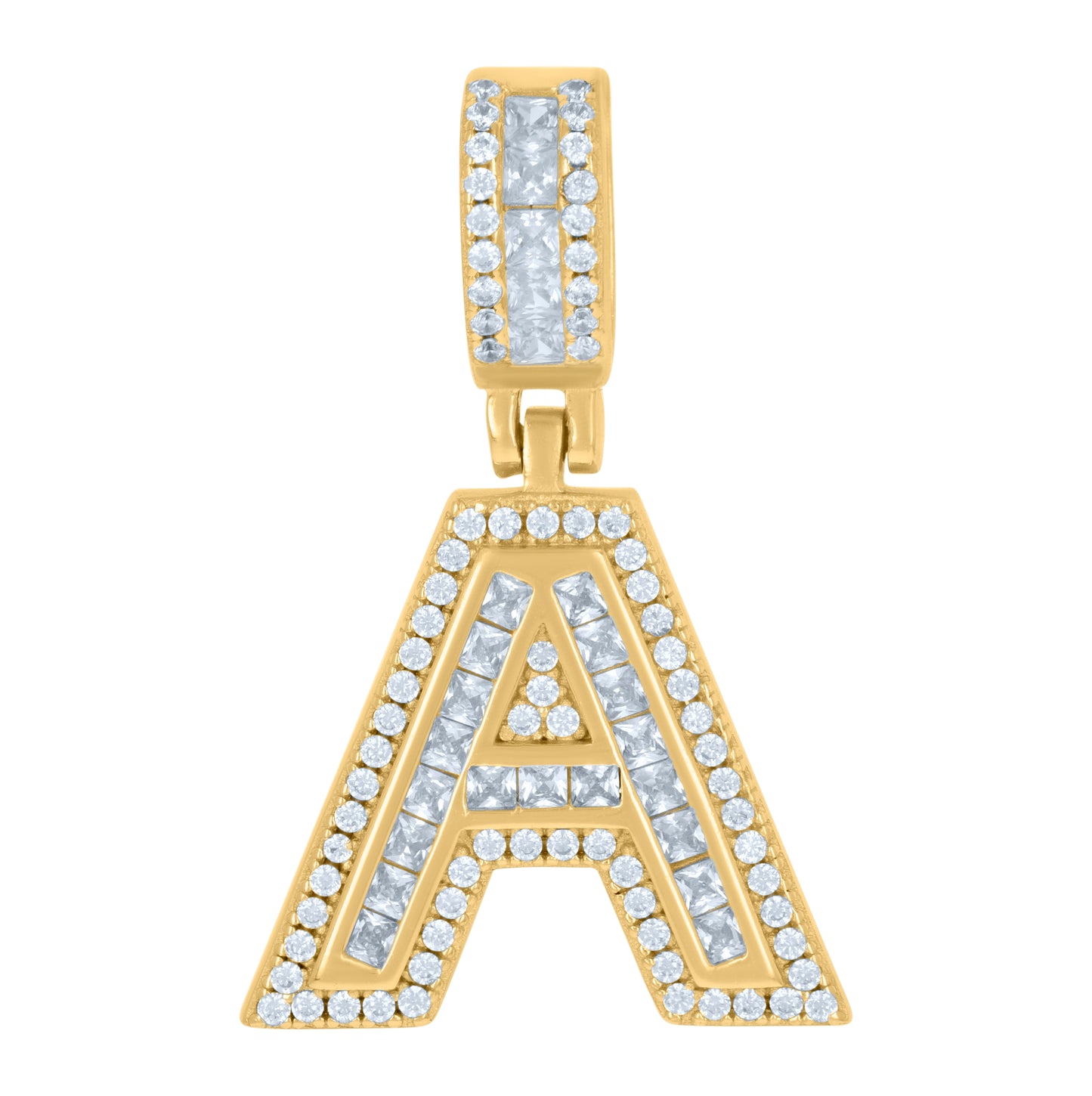 Sterling Silver Or Yellow-tone Unisex Round & Baguette Cubic-Zirconia Initial Alphabet Pendant Charm