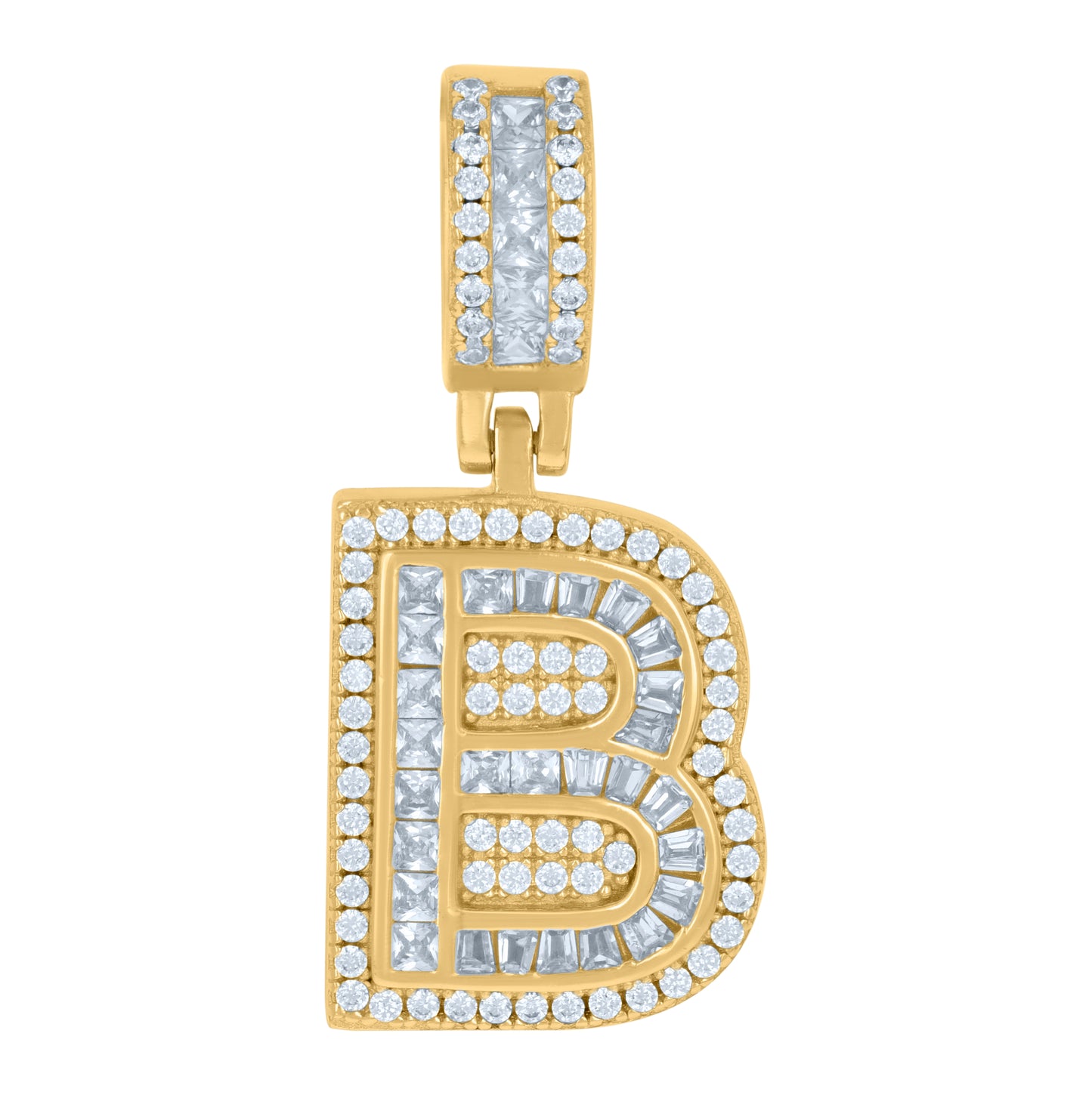 Sterling Silver Or Yellow-tone Unisex Round & Baguette Cubic-Zirconia Initial Alphabet Pendant Charm