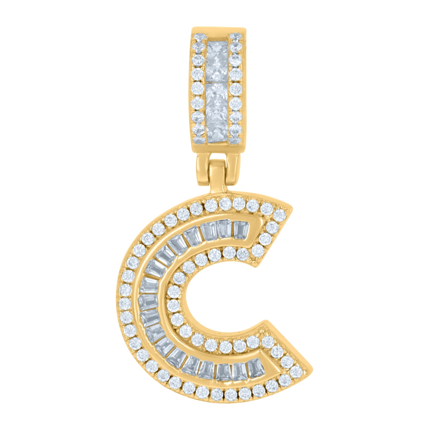 Sterling Silver Or Yellow-tone Unisex Round & Baguette Cubic-Zirconia Initial Alphabet Pendant Charm