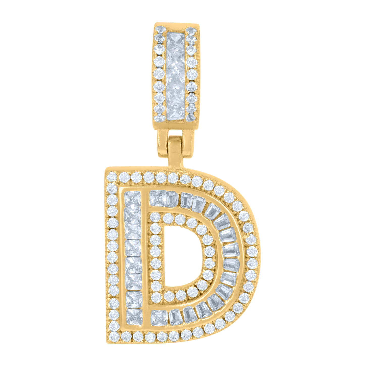 Sterling Silver Or Yellow-tone Unisex Round & Baguette Cubic-Zirconia Initial Alphabet Pendant Charm